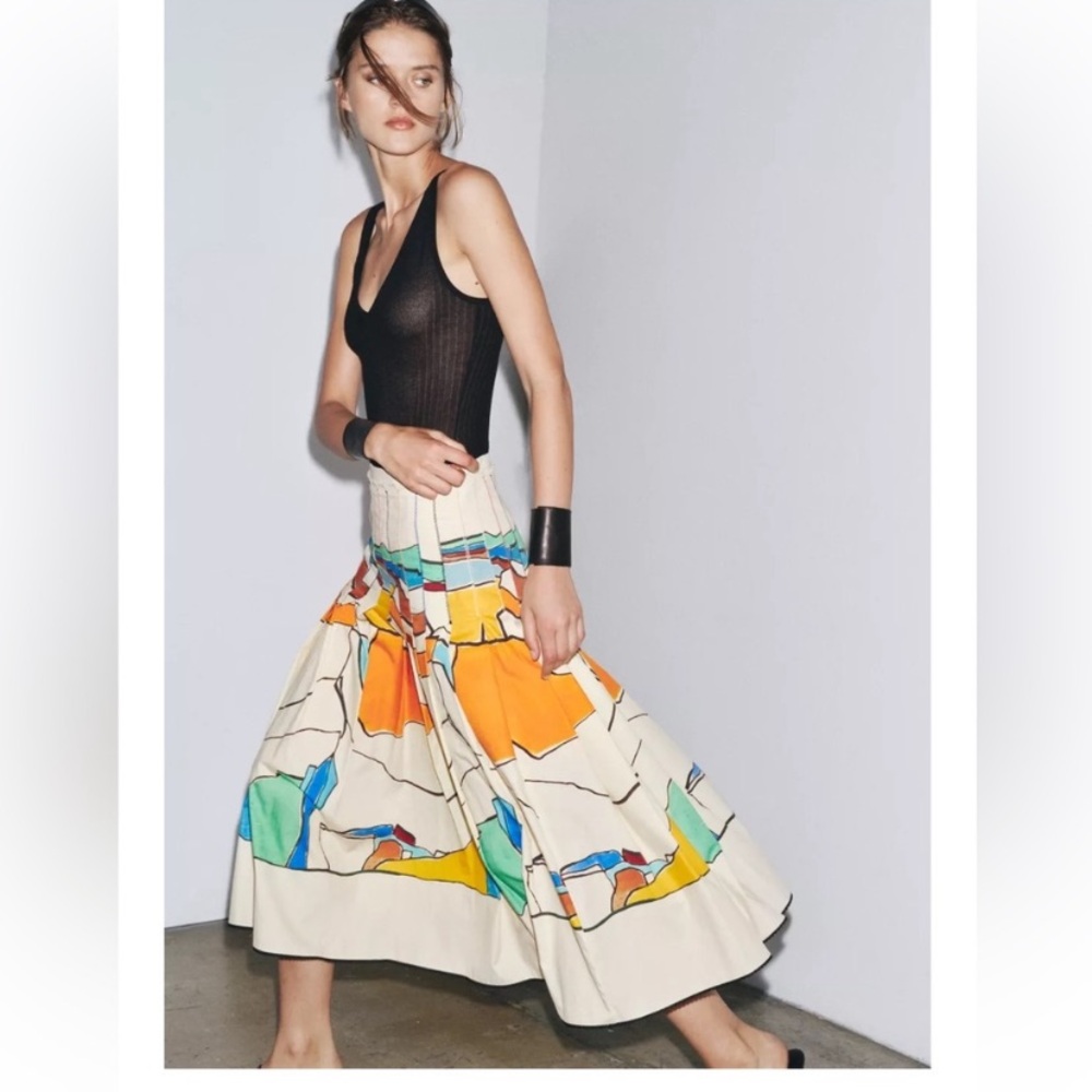 ZARA Printed Pleated Midi Skirt Colorful Abstract Painting Medium, NWOT - Picture 5 of 12